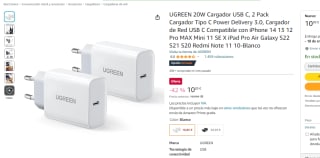 Pack x2 UGREEN 20W Cargador USB C por 10.85€