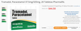 Tramadol con Paracetamol por $44.50 en Farmacias Guadalajara