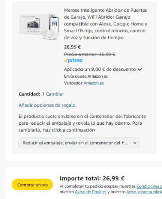 Meross Inteligente Abridor Puertas Garaje compatible con Alexa, Google Home y SmartThings por 26,99€