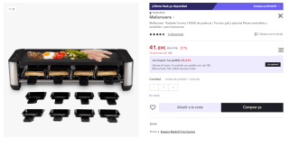 Raclette Mellerware Yummy 1400W de potencia / Función grill y plancha Placas reversibles y extraíbles por 41.89€ (Cuenta Nueva 31.89€)