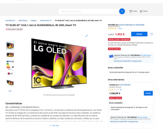 TV OLED 65" 165,1cm LG OLED65B36LA 4K UHD Smart TV por 1,299€