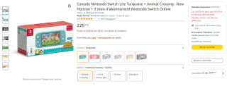 Console Nintendo Switch Lite Turquoise + Animal Crossing : New Horizon + 3 mois d’abonnement Nintendo Switch Online à 225,04€