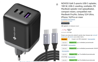 NOVOO GaN 3-poorts USB C-oplader, 100 W voor €28,99 bij Amazon