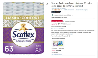 Scottex Acolchado Papel Higiénico 63 rollos con 3 capas de confort y suavidad por 21,23€