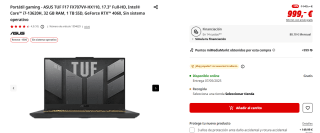 Portátil gaming ASUS TUF F17 FX707VV-HX110, 17.3" Full-HD, Intel Core i7-13620H, 32 GB RAM, 1 TB SSD, GeForce RTX 4060 por 999€