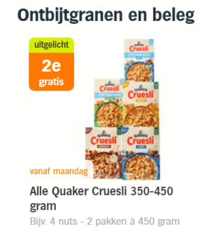 1+1 gratis op alle Quaker Cruesli 350-450 gram bij de AH