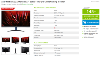 Acer NITRO KG272Ubmiipx 27” QHD voor €145 bij Megekko