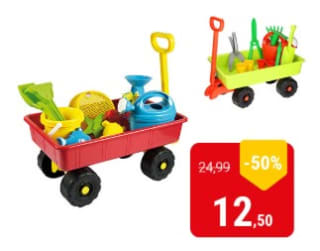 Bolderkar met zandspeelgoed of tuingereedschap voor €12,50 bij Lobbes