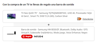 TV Neo QLED 75" Samsung TQ75QN85DBTXXC, UHD 4K + gratis Barra de sonido Samsung HW-B530/ZF + 200€ reembolso por 1.389€