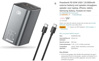 Powebank PD 65W USB C 20.000mAh voor €24,39 bij Amazon