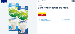 CAMPINA Langlekker houdbare melk voor €0,79 bij de Aldi