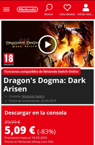 Dragon's Dogma: Dark Arisen Nintendo Switch por 5,09€.