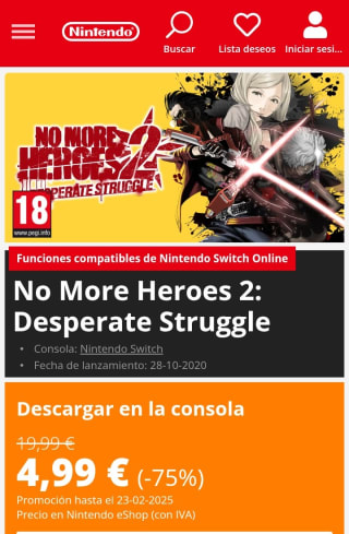 No More Heroes 2: Desperate Struggle Nintendo Switch por 4,99€.