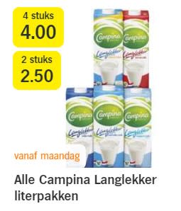 Alle Campina Langlekker literpakken 4 voor €4 bij de AH