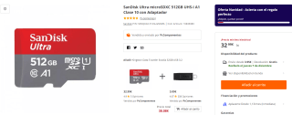 SanDisk Ultra microSDXC 512GB UHS-I A1 Clase 10 con Adaptador por 32,99€