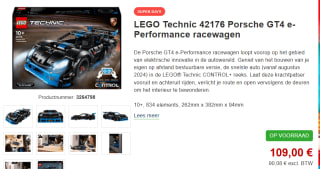 LEGO Technic 42176 Porsche GT4 e-Performance Racewagen voor €109 bij Proshop