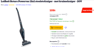 Leifheit steelstofzuiger met kruimelzuiger - rotaro powervac 2in1 voor €109 bij Bol