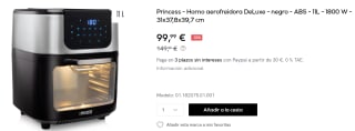 Horno aerofreidora Princess DeLuxe - ABS - 11L - 1800 W por 99.99€