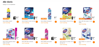 Alle Glorix (toiletblokken) ook de duo-pakken, 4 voor € bij de AH