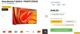 Sony Bravia 7 QLED K-75XR70 (2024) voor €2.148,03 bij Hellotv