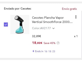 Cecotec Plancha Vapor Vertical SmoothForce 2000 Smart. 1200W por 18,02€.