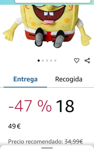 Peluche Bob Esponja 30cm por 18,49€.