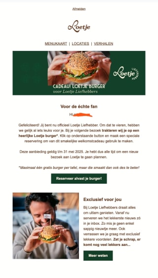 Gratis loetje burger na aanmelding op de nieuwsbrief
