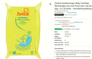 Zwitsal Goedemorgen Vochtige Washandjes - 6 x 20 stuks - Voordeelverpakking voor €8,99 bij Amazon