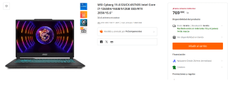 Ordenador Portatil MSI Cyborg 15 A12UCX-657XES Intel Core i7-12650H/16GB/512GB SSD/RTX 2050/15.6" por 769€