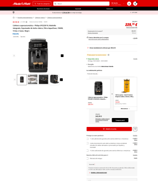 Cafetera superautomática Philips EP2220/10 Molinillo integrado Espumador de leche clásico Filtro AquaClean 1500W 15 bar 2 tazas por 229,75€