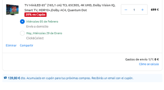 TV MiniLED 65" TCL 65C805 por tan solo 699€ + cupón de 139,80€