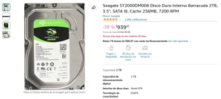Disco Interno Seagate 2TB Barracuda por $939 en Amazon
