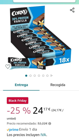 Corny Protein Barritas con Vainilla recubiertas de Chocolate con 30% de Proteína y Sin Azúcares Añadidos 18 x 50 g por 24,17€.