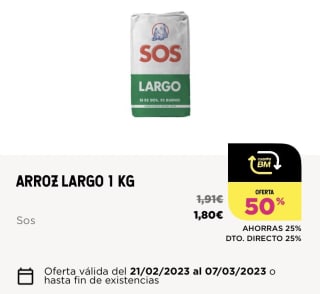 Arroz SOS Largo | Supermercados BM [ SOLO TIENDA ] por 0,90€