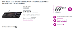 Teclado Gaming Logitech G515 TKL Cinderella CDM Mix Model Spanish Layout por 69,99€