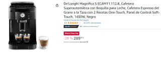 Cafetera Superautomática De'Longhi Magnifica S ECAM11.112.B con Boquilla para Leche, Cafetera Espresso del Grano a la Taza con 2 Recetas One-Touch, Panel de Control Soft-Touch por 289€