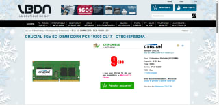 Barrette de ram CRUCIAL 8Go SO-DIMM DDR4 PC4-19200 CL17 à 9,10€
