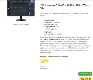 LENOVO D24-40 23.8inch 16:9 monitor voor €74,90 bij Proshop