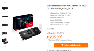 Acer Predator BiFrost AMD Radeon RX 7600 OC - Videokaart voor €235,99 bij Nbb