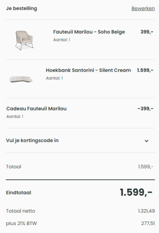 Gratis cadeau bij besteding van €1599 bij De Bommel Meubelen