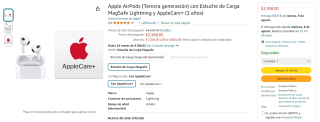 AirPods 3era Gen con Estuche y AppleCare+ $3,398 en Amazon