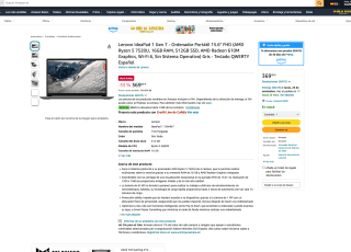 Lenovo IdeaPad 1 Gen 7 Portátil 15.6" FHD AMD Ryzen 5 7520U 16GB RAM 512GB SSD AMD Radeon 610M Graphics por 369€