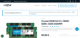 Crucial 32GB Kit (2 x 16GB) DDR4-3200 SODIMM à 63,59€