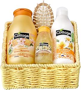 Coffret Miel et Fleur de Frangipanier Cottage – 1 Gel Douche + 1 Gommage Douche + 1 Lait Corps Hydratant + 1 Éponge Exfoliante à 11,90€