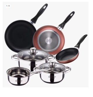 Bateria San Ignacio de 5pcs acero inoxidable: cazo Ø16x7,5 Cacerolas de Ø18x8,5 y Ø20x9,5 cms., inducción + Set 3 sartenes Ø16/20/24 cm, aluminio prensado por 40.49€ (Cuenta Nueva 28.49€)