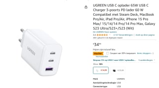 UGREEN USB-C oplader 65W voor €24,49 bij Amazon