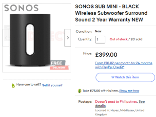 Obtain eBay's Sonos Sub Mini for only £324