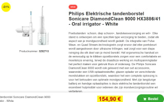 Philips Sonicare DiamondClean 9000 - Elektrische tandenborstel voor €154,90 bij Proshop
