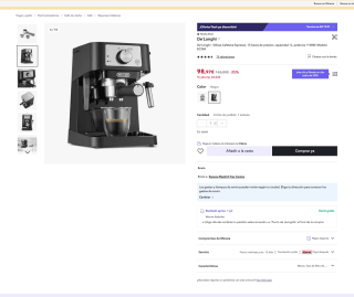 Cafetera De'Longhi Stilosa Espresso 15 bares de presión 1L por 98,97€ (Nuevos usuarios 86,97€)