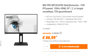 MSI Pro MP242APDE computer monitor 61 cm (24") voor €88,99 bij Nbb